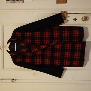 Black and red plaid coat with deep front pockets